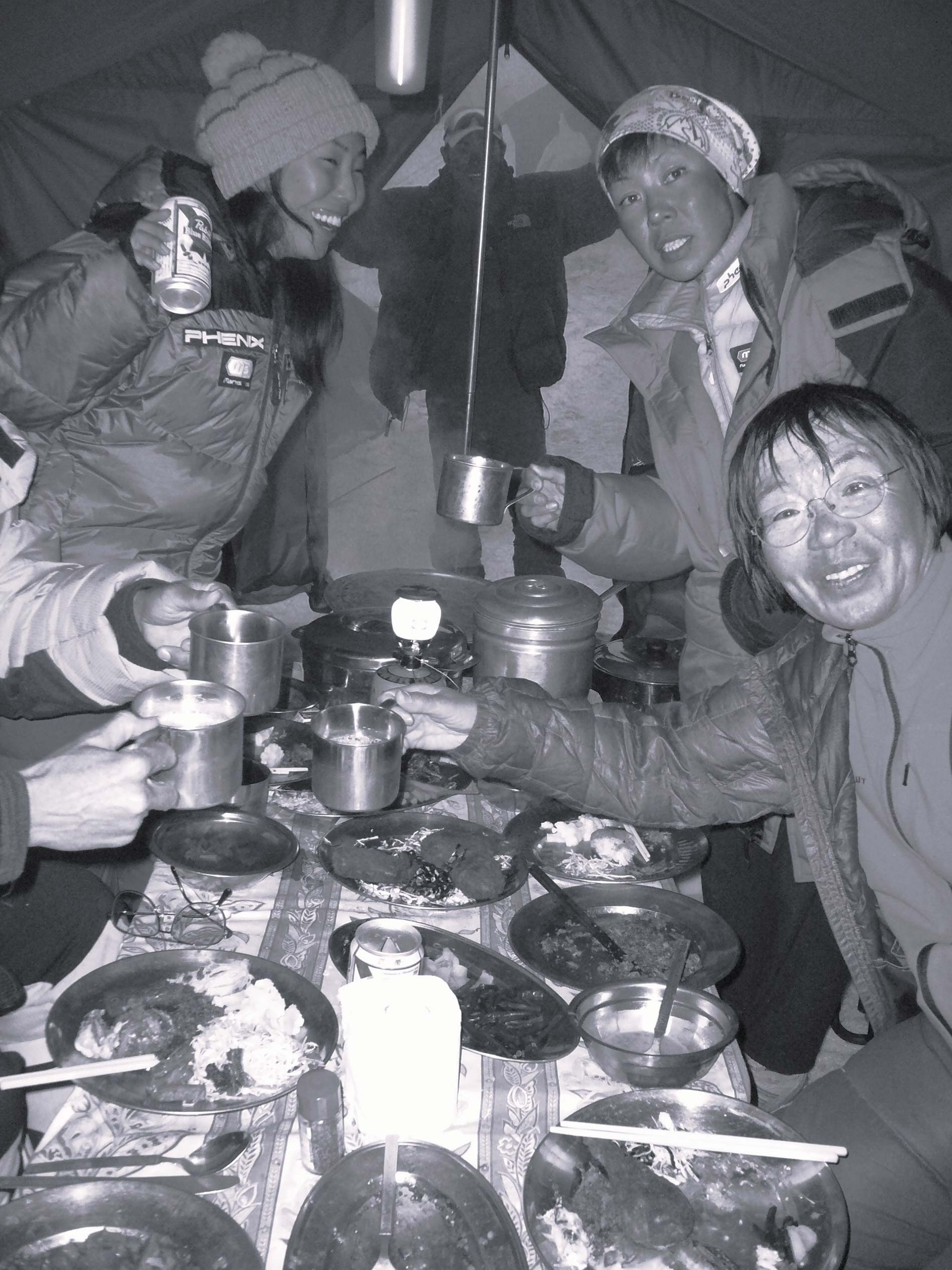 Kei Taniguchi (top right) at Manaslu base camp in 2006 with Junko Tabei (bottom right