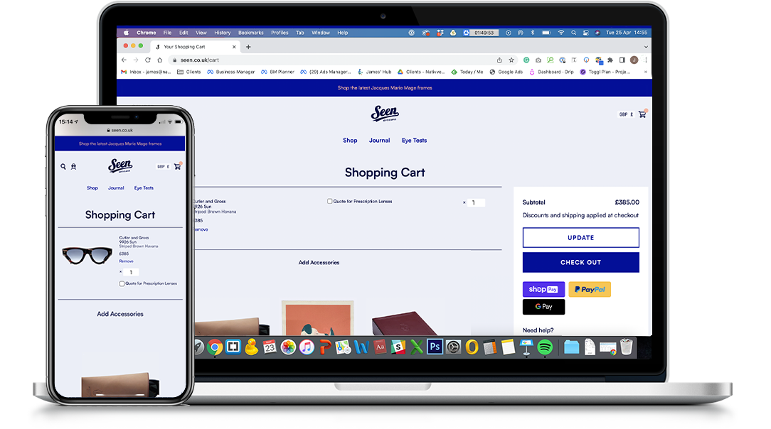 Seen Opticians Shopify shopping cart