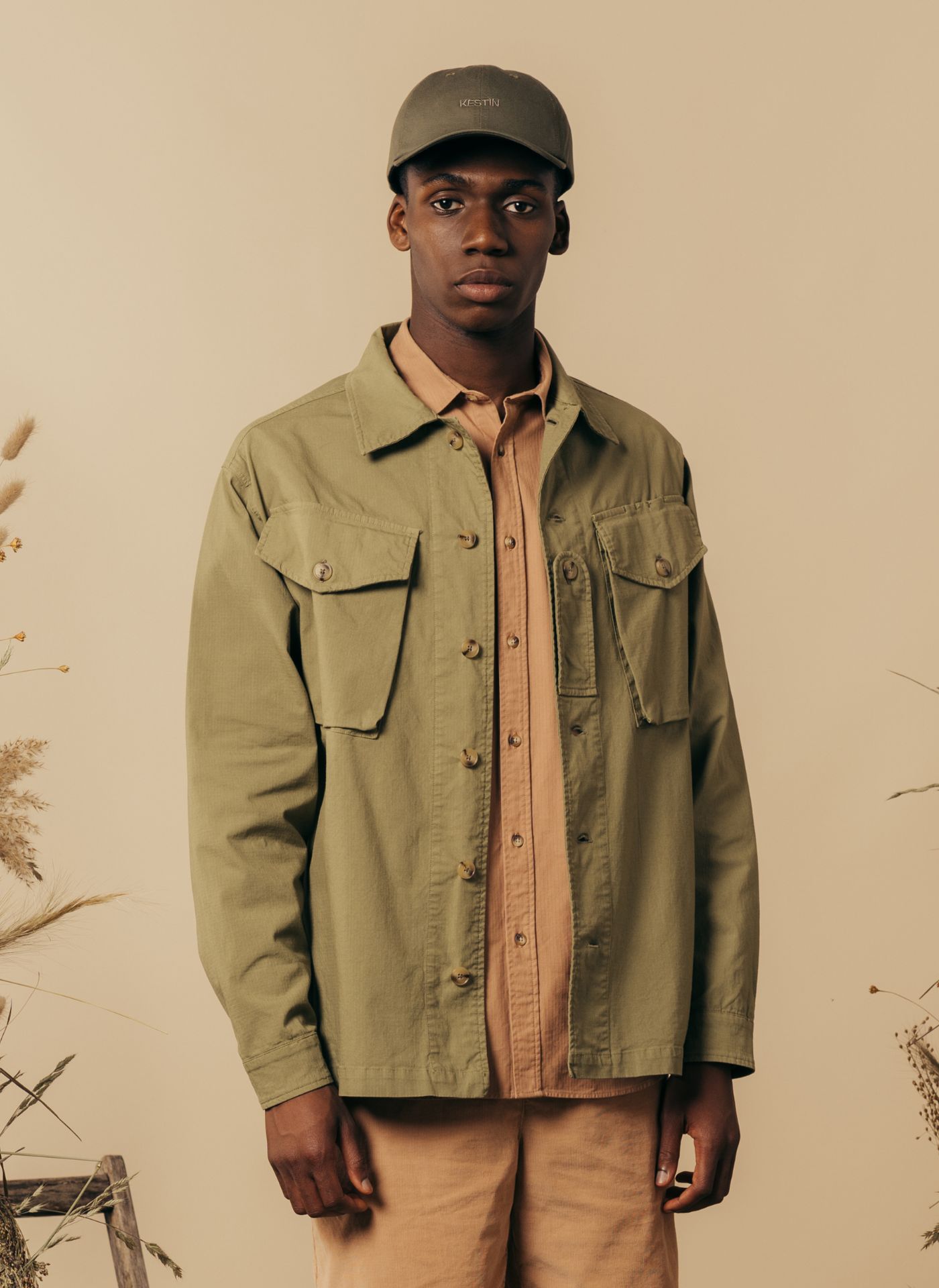 Kestin's SS24 collection. Studio shot of model wearing Kestin clothing