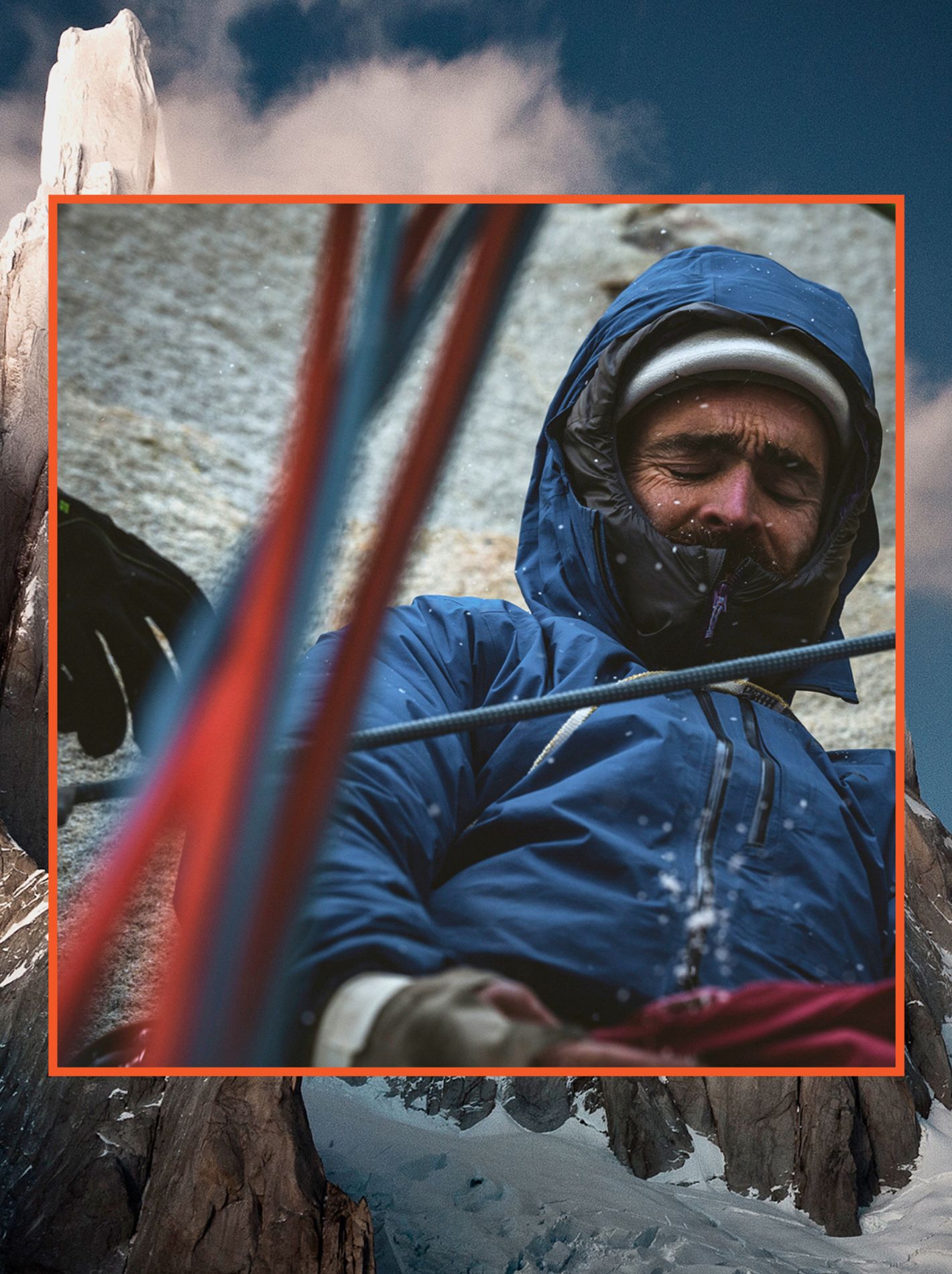 Male climber wearing Patagonia M10 jacket