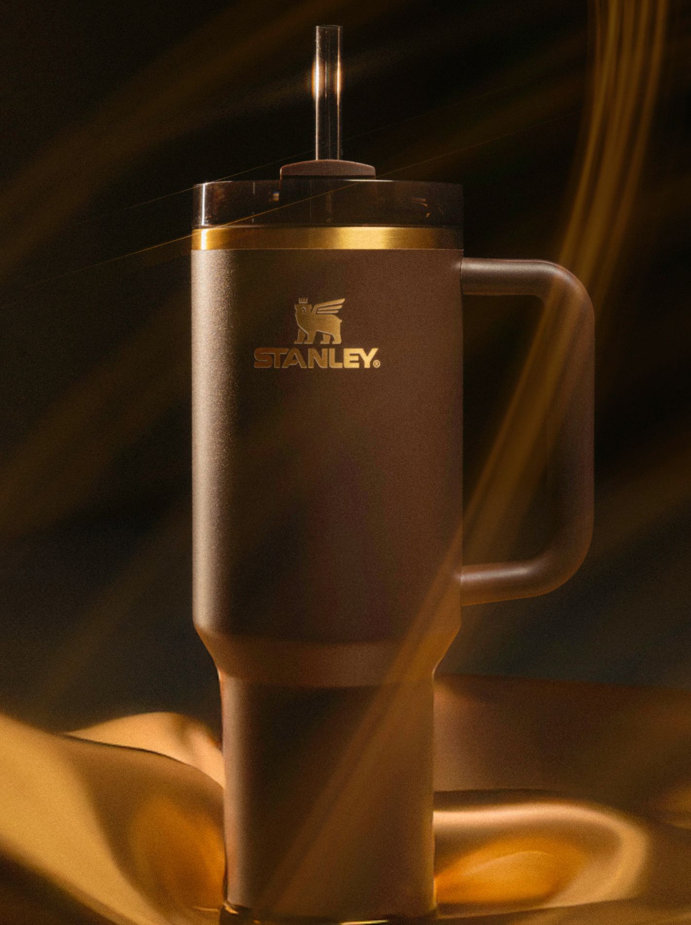 Studio shot with light effects featuring the Chocolate Gold Stanley Quencher