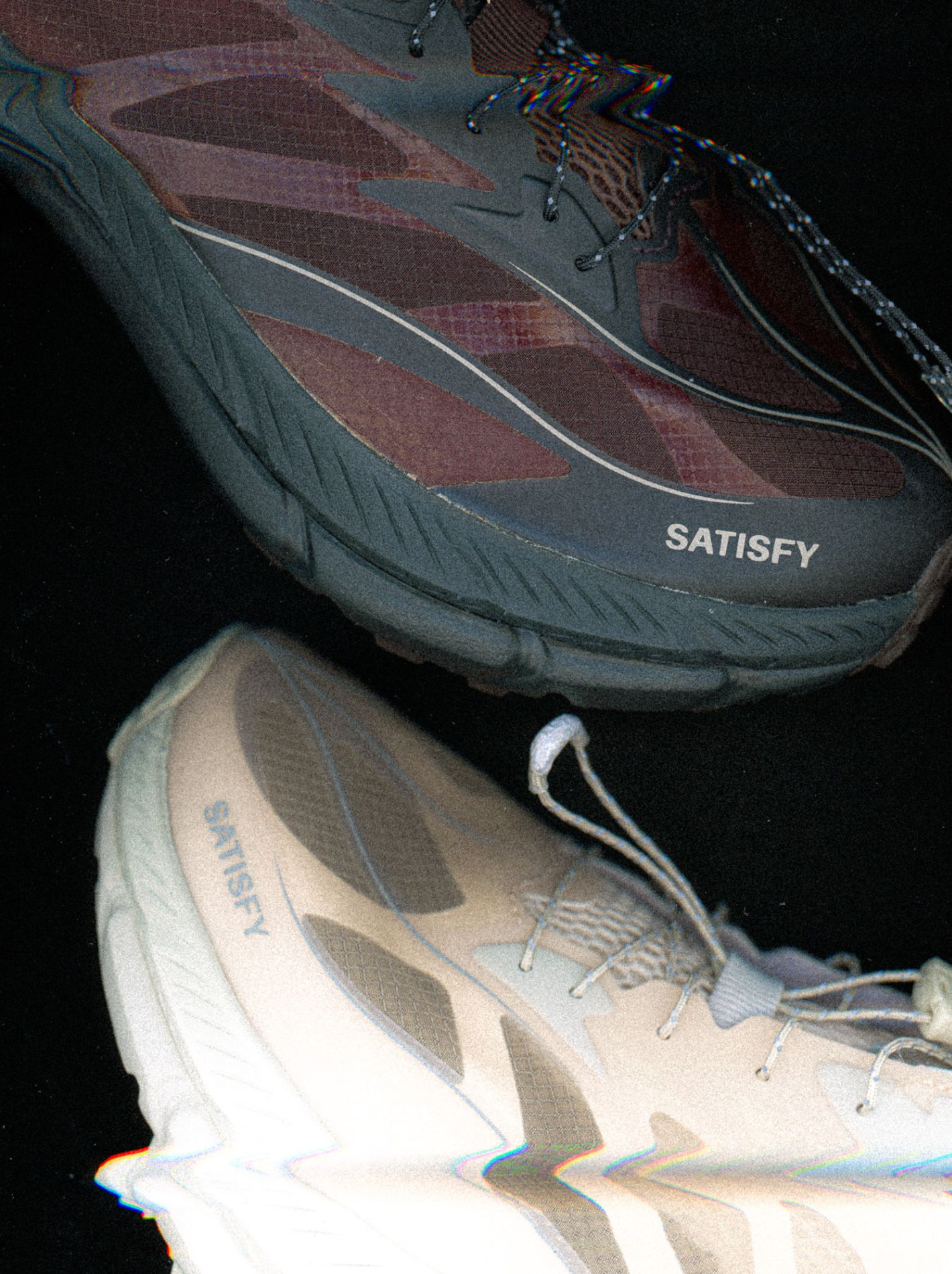 Creative product shot of the Hoka x Satisfy shoes