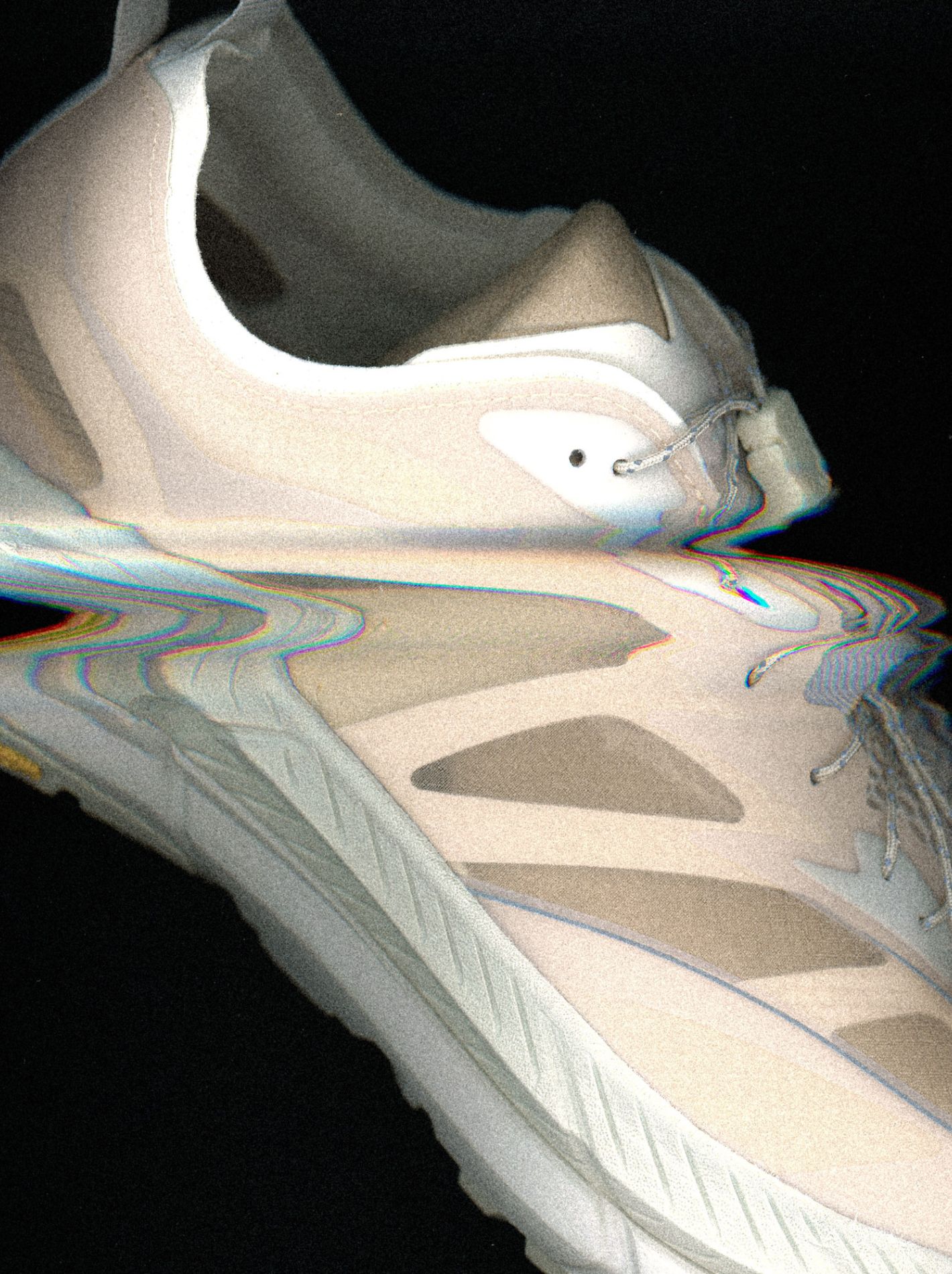 Creative product shot of the Hoka x Satisfy shoes