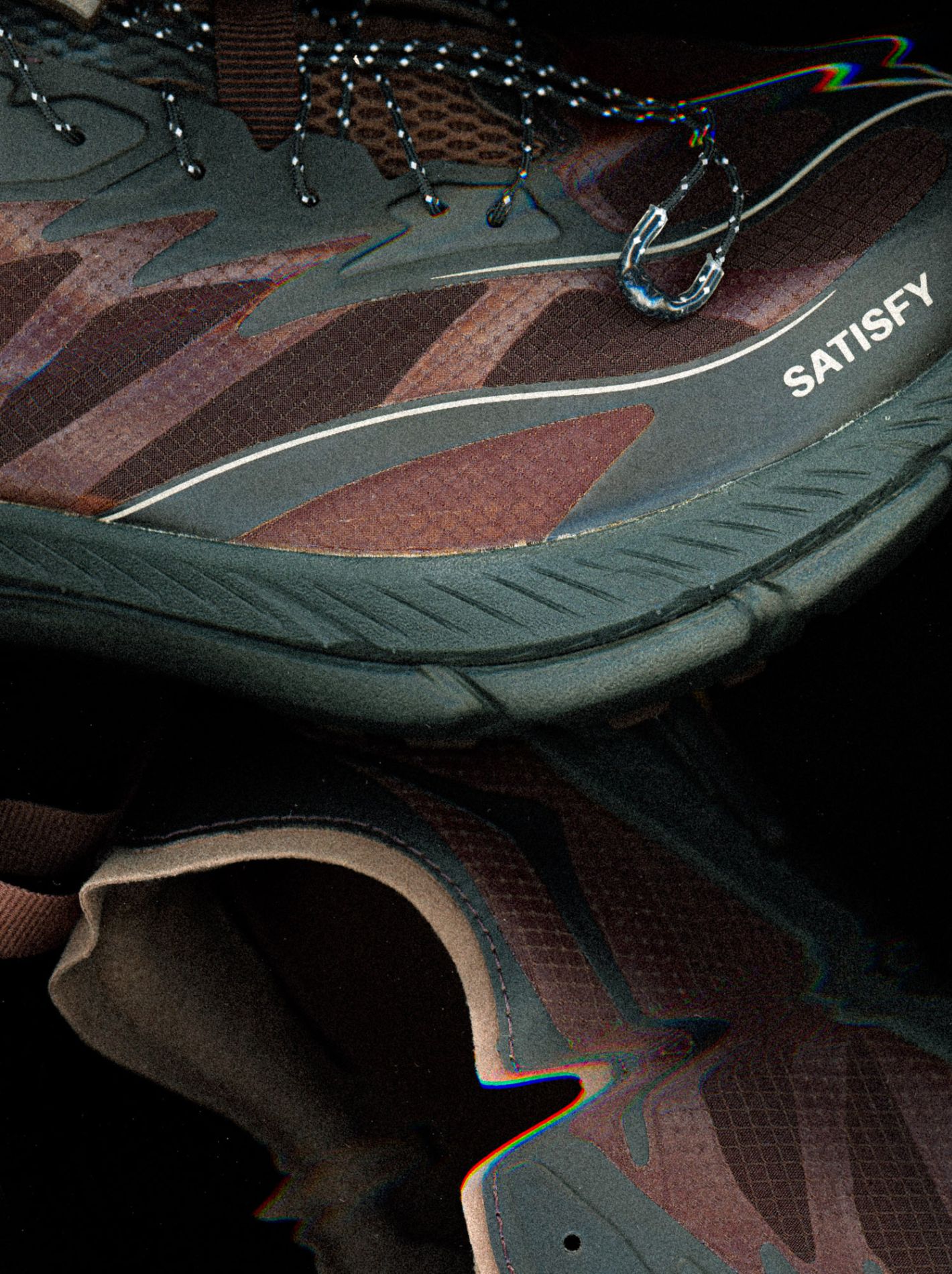 Creative product shot of the Hoka x Satisfy shoes