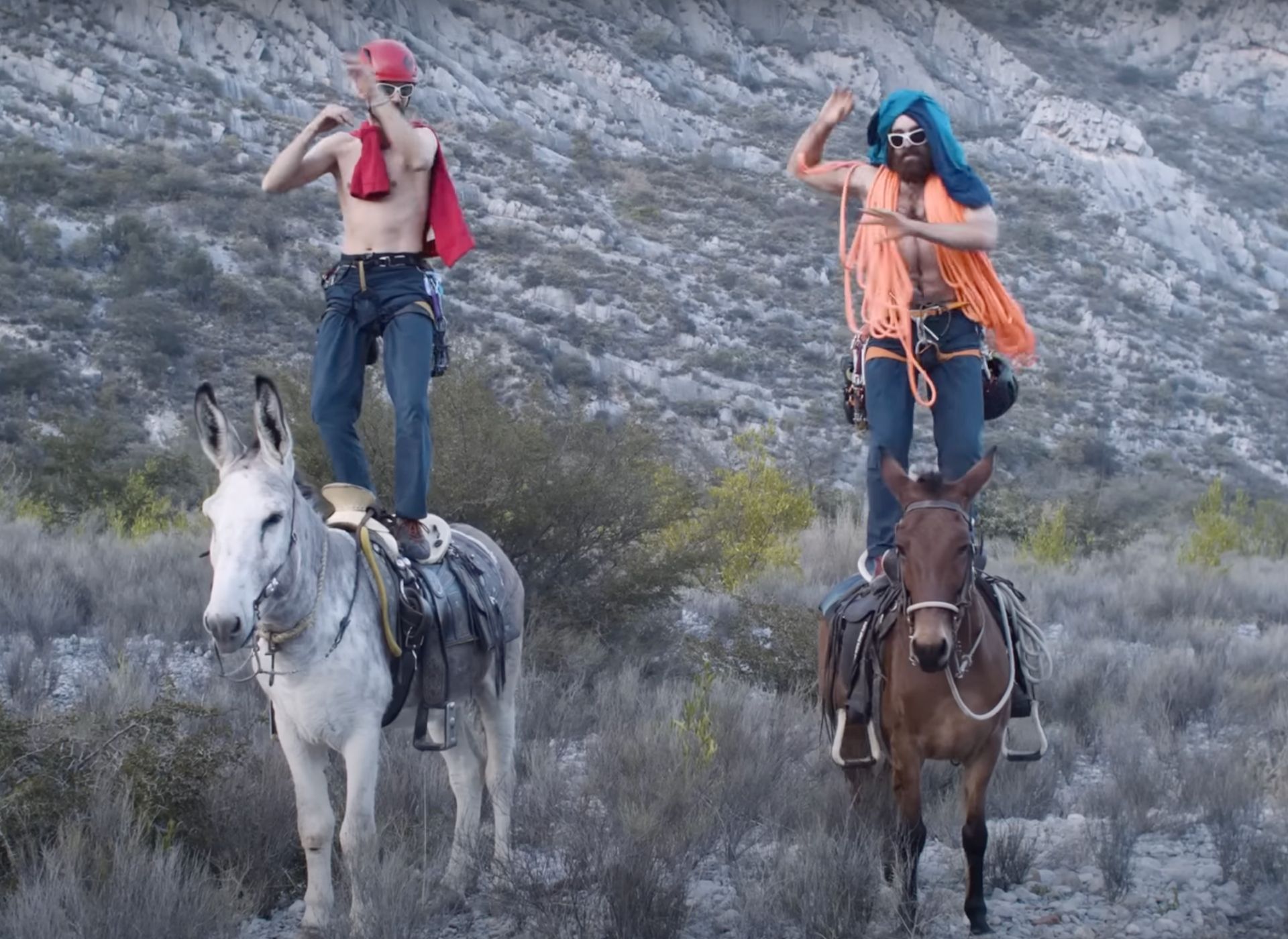 Two men featured stood on donkeys wearing R1 fleeces