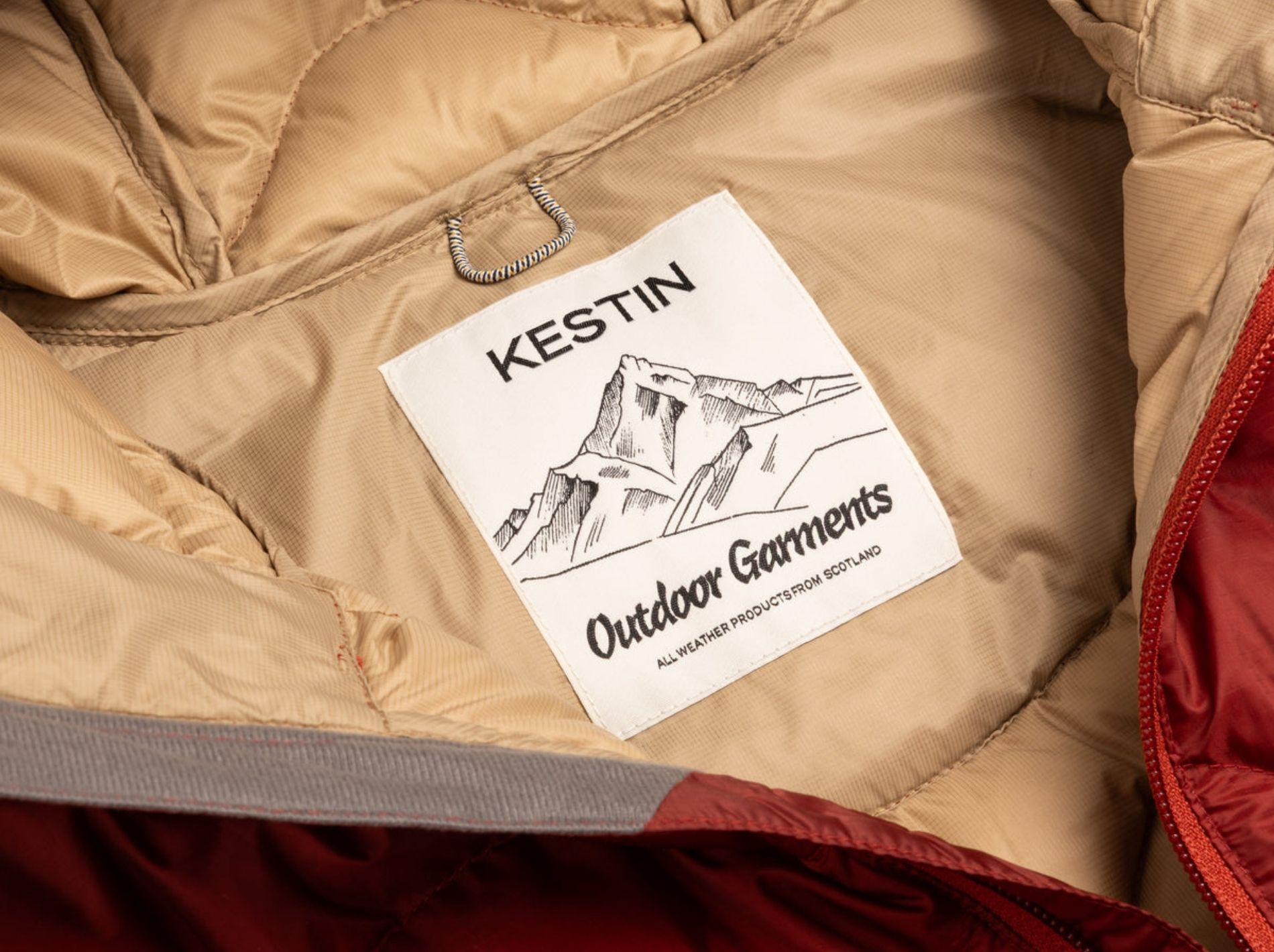 Close up of the Kestin Cuillin down jacket label