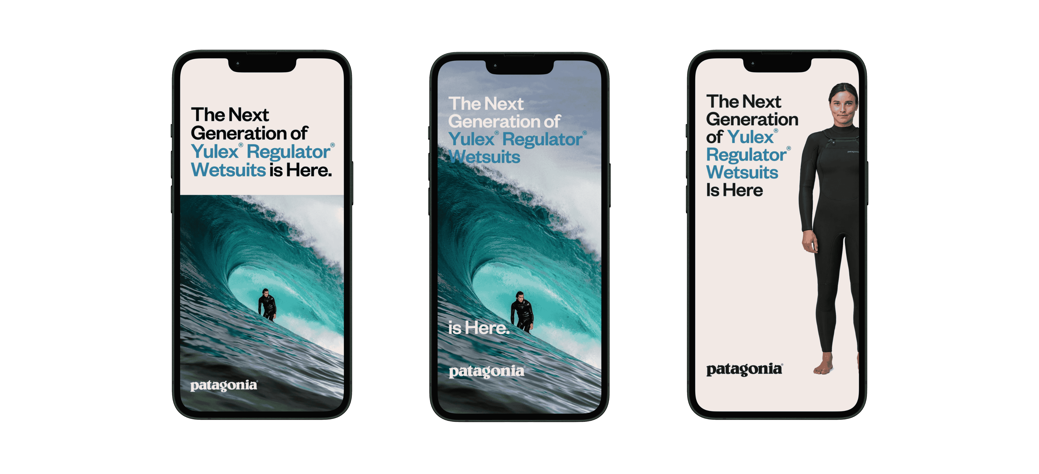 Social media ad previews for Patagonia Yulex campaign